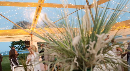 Seaside themed floral centerpiece above a food table at an outdoor banquet. The centerpiece features white coral and green seagrass in a green glass vase.