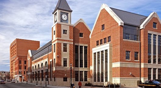 Waterbury campus red brick building exterior featuring a clock tower