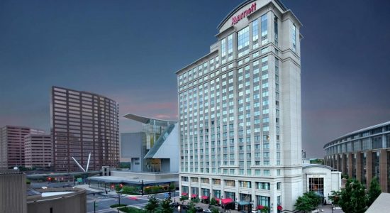 Exterior aerial view of the Hartford Marriott Downtown in downtown Hartford, Connecticut