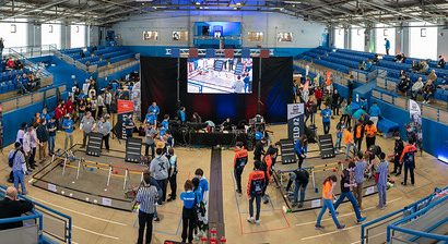 Overview of the Horsebarn Hill Arena during the 2024 FTC Robotics Tournament at UConn.